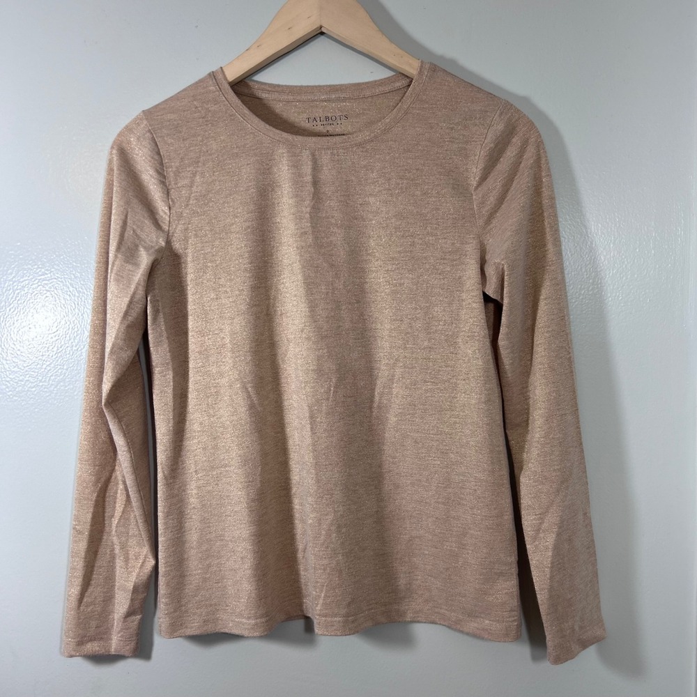 Talbots Petites Gold Metallic Shimmer Long Sleeve Top Crew Neck Size P Small